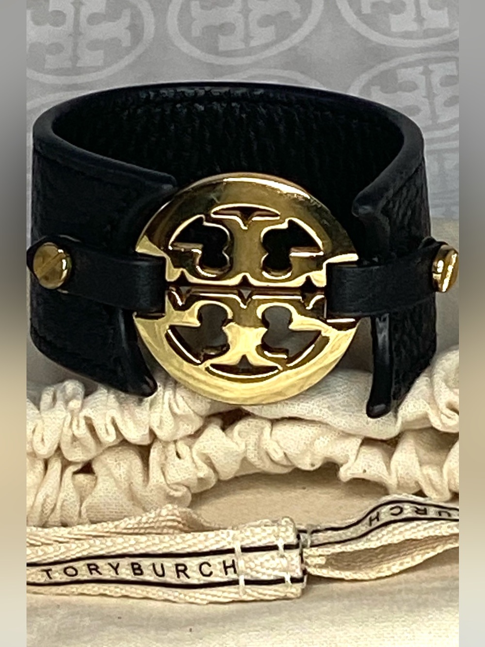 Tory Burch Black Leather Bracelet with Gold Logo Hardware - Picture 4 of 5
